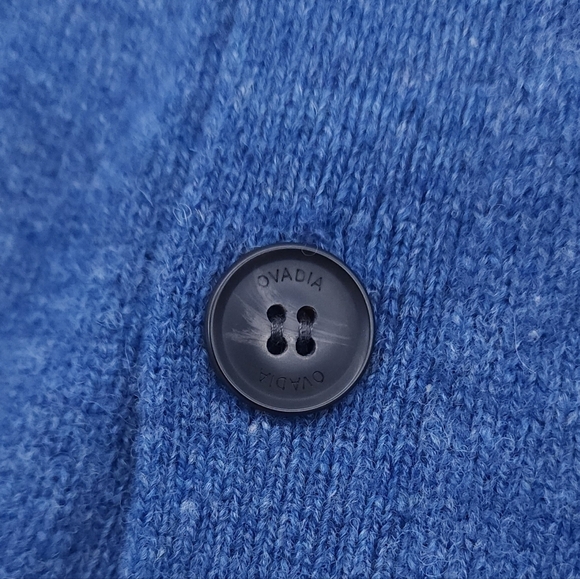 Ovadia & Sons Blue 100% Lambswool Cardigan Sweater Patches Sample Piece Size 2X - Picture 6 of 9
